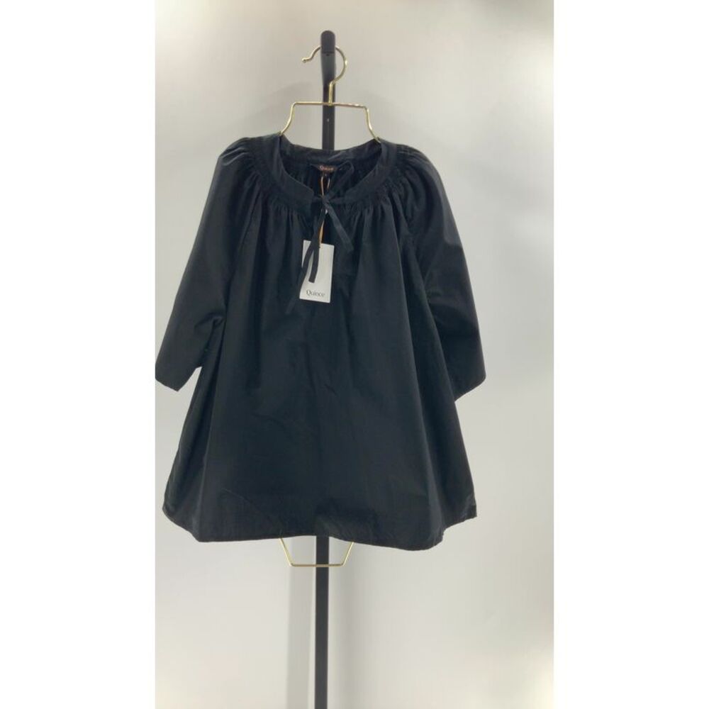 Quince Womens 100% Organic Cotton Poplin Split Neck Top Black L